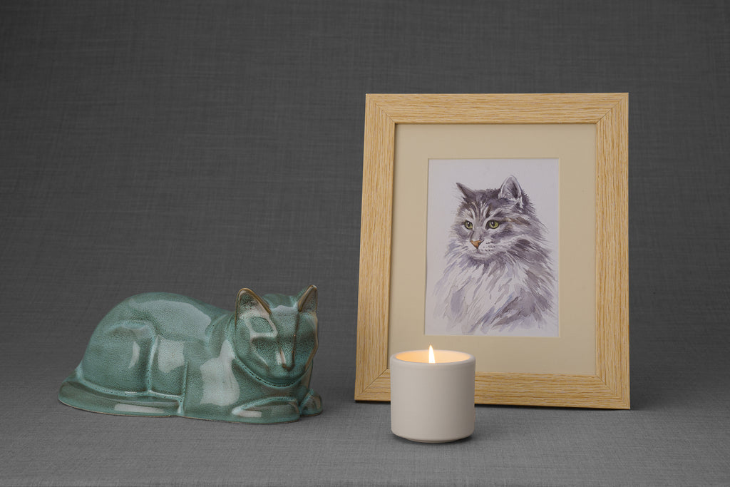 Coffret commémoratif pour chat - 4 pièces - Portrait | Urne | Porte-plaque d'identification | Bougie parfumée